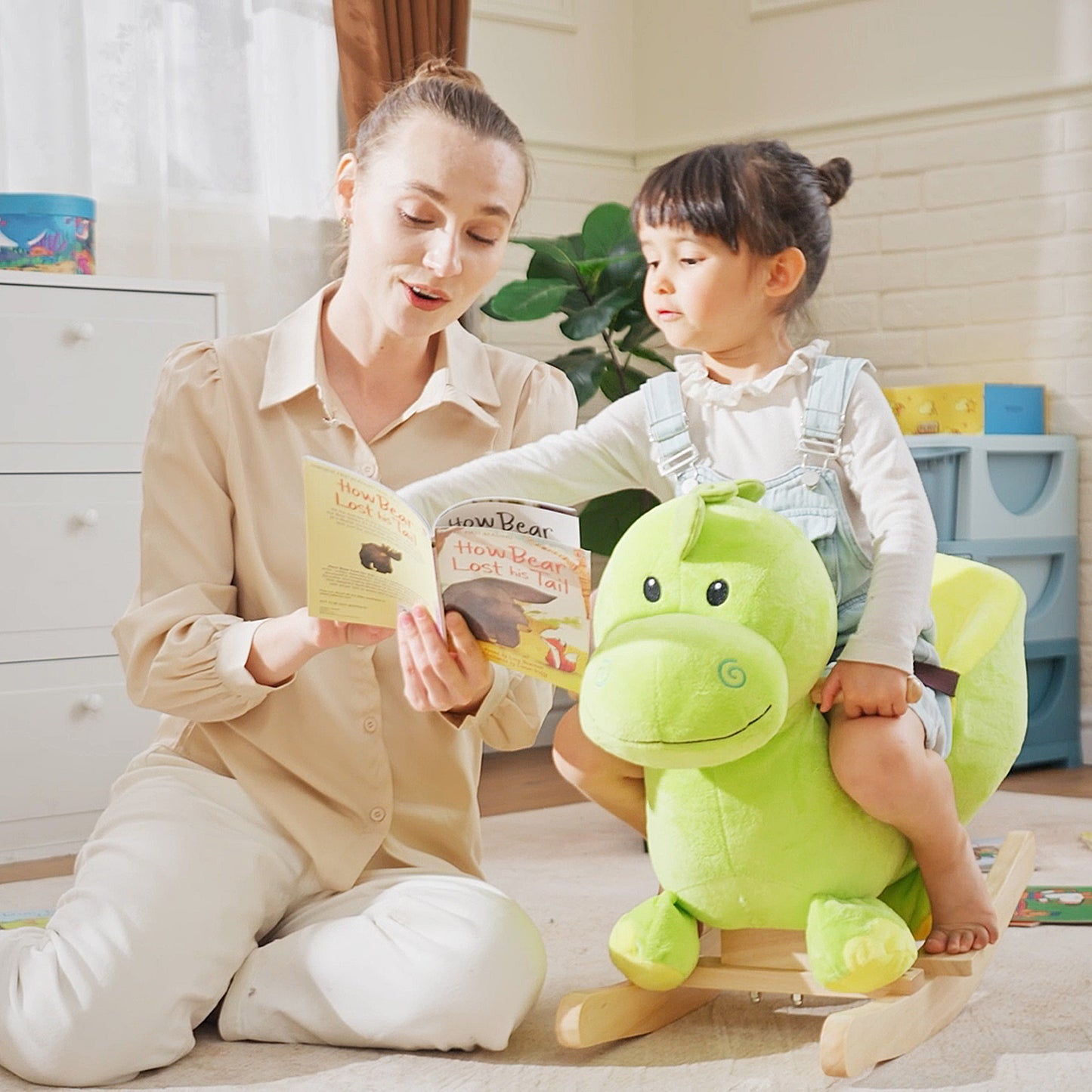 HOMCOM Kids Rocking Horse, Plush Ride-On Dinosaur Seat, with Seat Safety Belt, 32 Songs, Ride-On Horse
