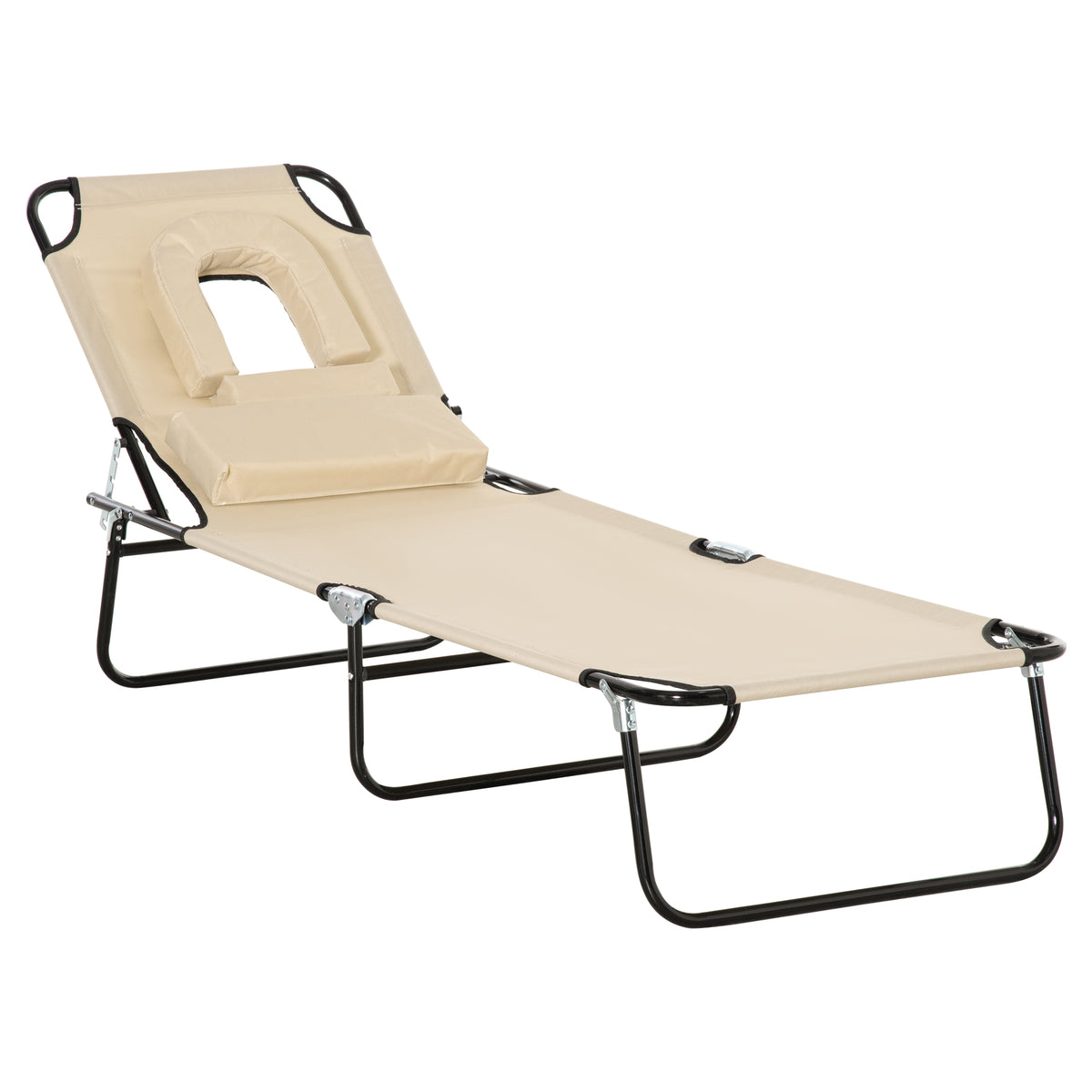 Outsunny Outdoor Foldable Sun Lounger, 4 Level Adjustable Backrest Reclining Sun Lounger Chair with Pillow and Reading Hole, Beige