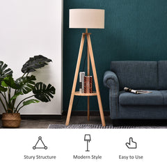 HOMCOM Free Standing Tripod Floor Lamp Bedside Light Reading Light with Storage Shelf Linen Shade for Living Room Bedroom, 154cm, Cream