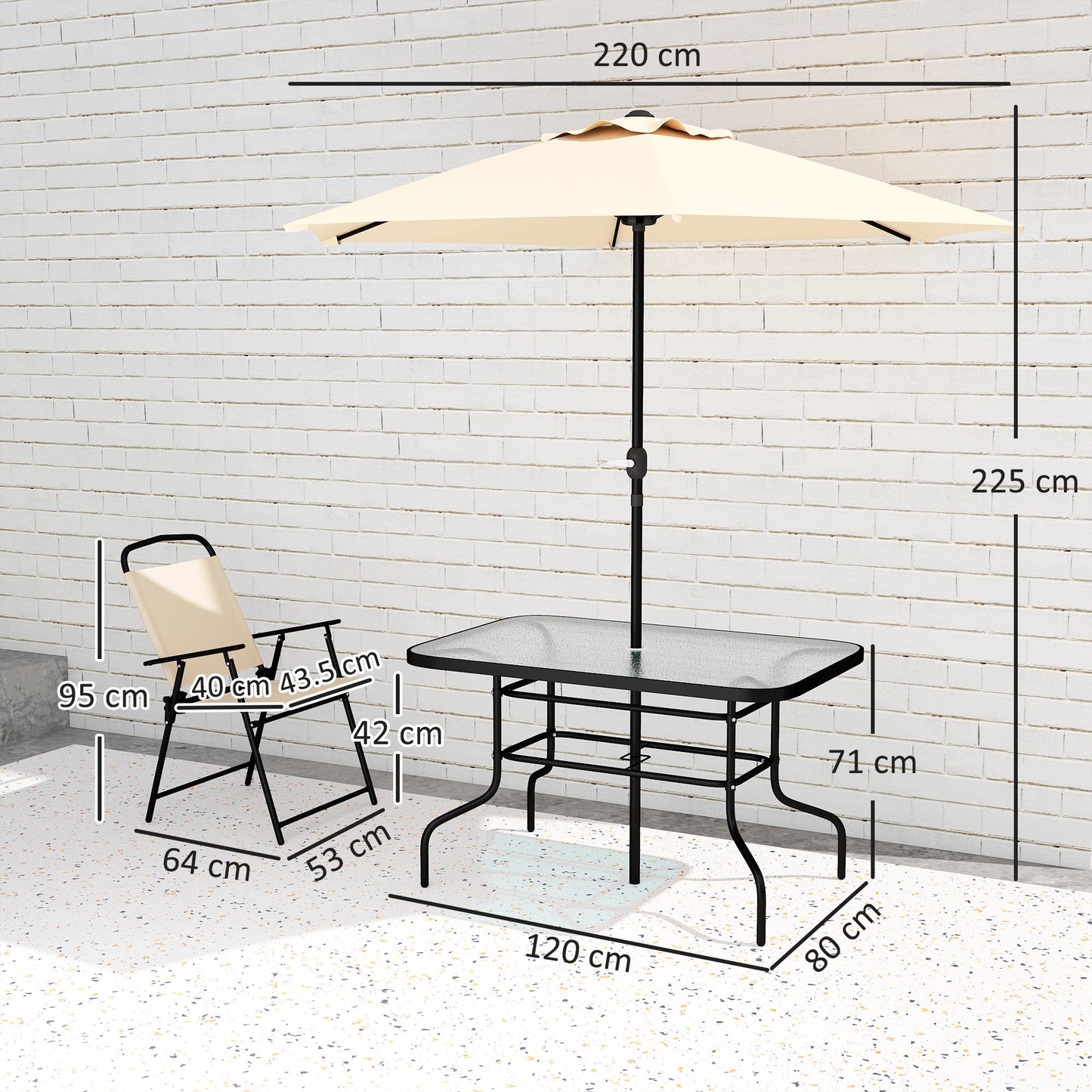 Outsunny 8 Pieces Garden Dining Set with Umbrella, Patio Sets with Parasol with 6 Foldable Chairs, Glass Top Table, and Sun Parasol, Beige