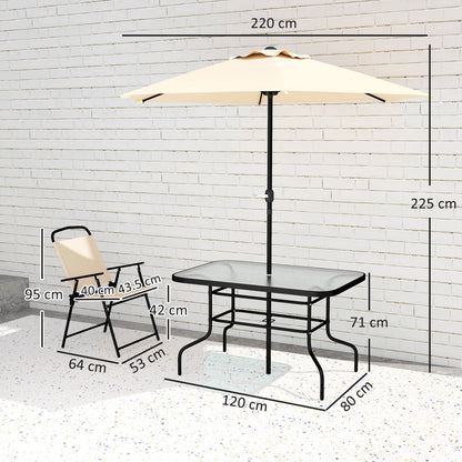 Outsunny 8 Pieces Garden Dining Set with Umbrella, Patio Sets with Parasol with 6 Foldable Chairs, Glass Top Table, and Sun Parasol, Beige