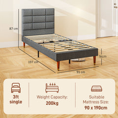 HOMCOM Upholstered Single Bed Frame, with Slats - Grey