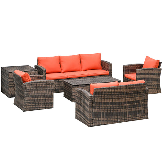 Outsunny 6 Pieces Rattan Garden Furniture Set, 7 Seater Wicker Outdoor Furniture Set with Storage Tea Table & Side Table, Sectional Garden Sofa Set with Cushions, Orange