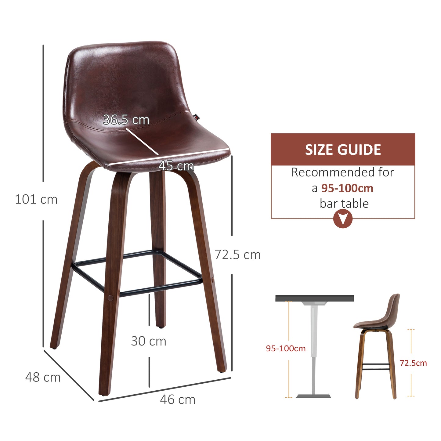 HOMCOM Bar Stools Set of 2, Breakfast Bar Chairs, PU Leather Upholstered Kitchen Stools with Backs and Wood Legs, Brown