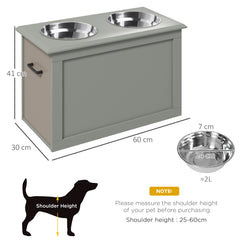 PawHut Raised Dog Bowls, with Storage, Two Stainless Steel Bowls, Elevated Base - Grey