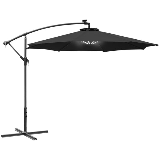 Outsunny 3m LED Patio Banana Umbrella Cantilever Parasol w/ Crank Cross Base Hanging Offset Umbrella Frame Steel Aluminium Garden Table Outdoor Black