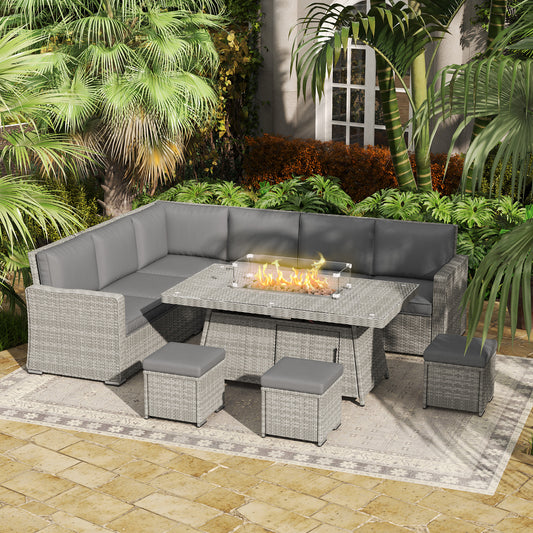 Outsunny Seven-Piece Firepit Table Rattan Sofa Set - Grey