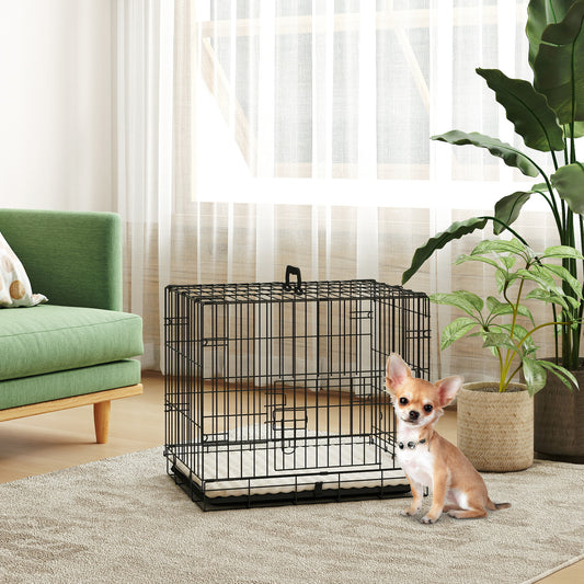 PawHut Foldable Dog Crate with Two Doors with Tray, Soft Cushion, for Extra Small Dogs, 60 x 40 x 50, Black