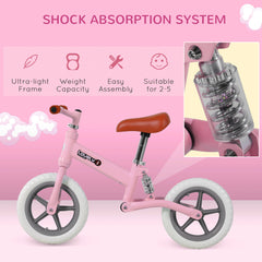 HOMCOM 12" Kids Balance Bike No Pedal Bicycle EVA Tire Adjustable Seat Toddler Training Bike W/ Shock Absorber 2 - 5 Years Gift for Boys Girls Pink