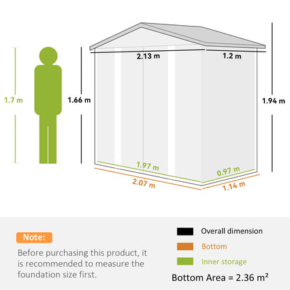 Outsunny 7 x 4ft Garden Shed, Easy to Assemble, Upgraded Galvanised Steel Frame with Foundation Kit, Double Doors with Lock, Outdoor Metal Shed with Vents and Gloves, Garden Storage Shed, Green