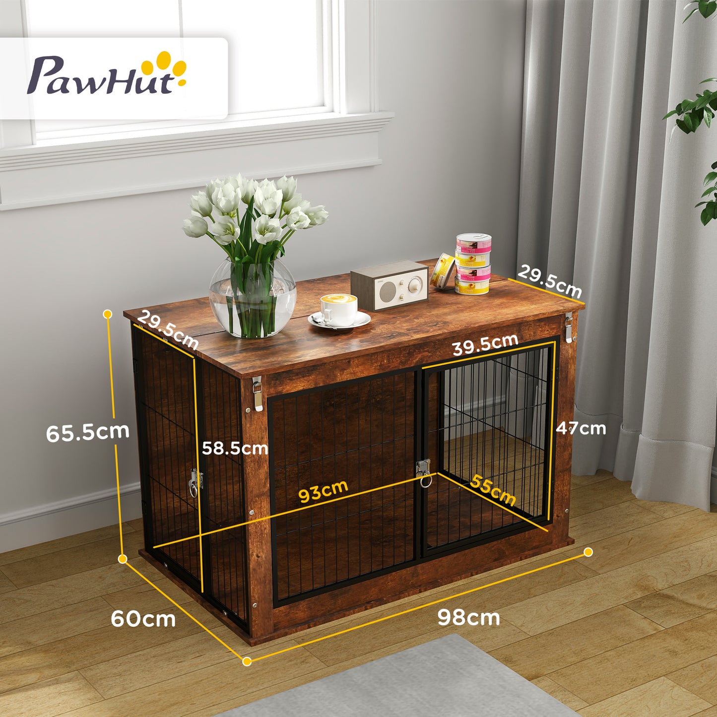 أثاث قفص الكلاب PawHut مع سطح قابل للطي، 2 باب، للكلاب الكبيرة، 98 × 60 × 65.5 سم، بني ريفي