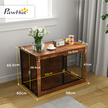 أثاث قفص الكلاب PawHut مع سطح قابل للطي، 2 باب، للكلاب الكبيرة، 98 × 60 × 65.5 سم، بني ريفي