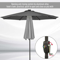 Outsunny â2.7m Garden 24 LED Light Parasol Solar Outdoor Tilt Sun Umbrella Patio Club Party Event Manual Sun Shade w/ Hand Crank and 8 Ribs, Grey