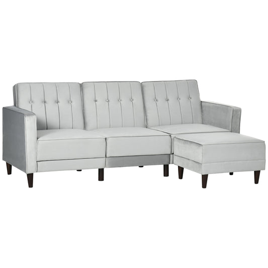 HOMCOM L Shape Sofa Bed Set with 3-Seater Sofa and Footstool, Corner Sofa Bed with Ottoman, Light Grey