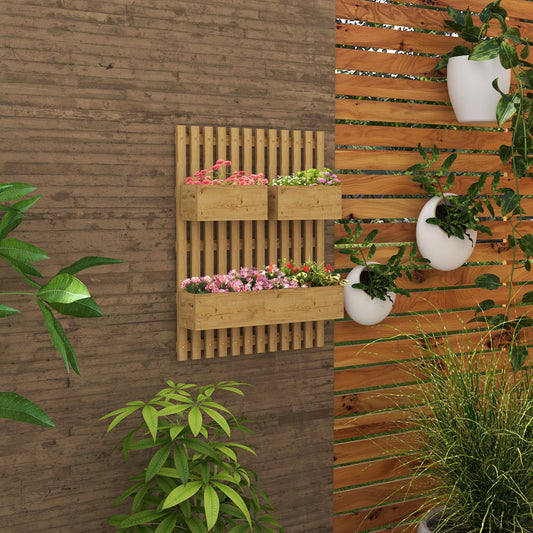 Outsunny Wall-mounted Wooden Garden Planters with Trellis, Drainage Holes and 3 Planter Boxes for Patio, Carbonised