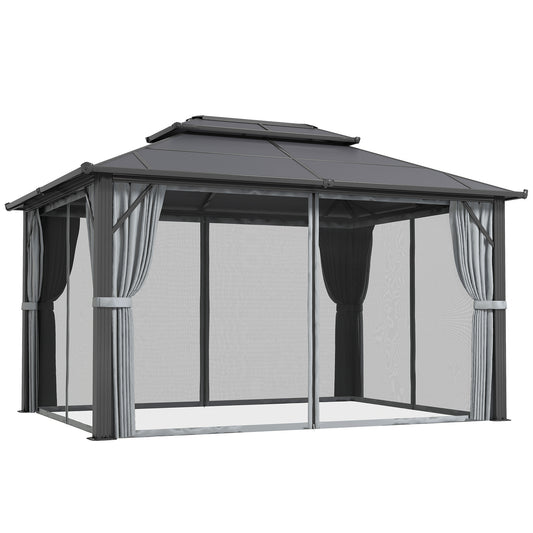 Outsunny 3 x 4m Hardtop Gazebo Canopy with UPF30+ Double Polycarbonate Roof, Aluminium Frame Garden Gazebo Permanent Pavilion with Mosquito Netting and Curtains for Patio, Deck, Grey