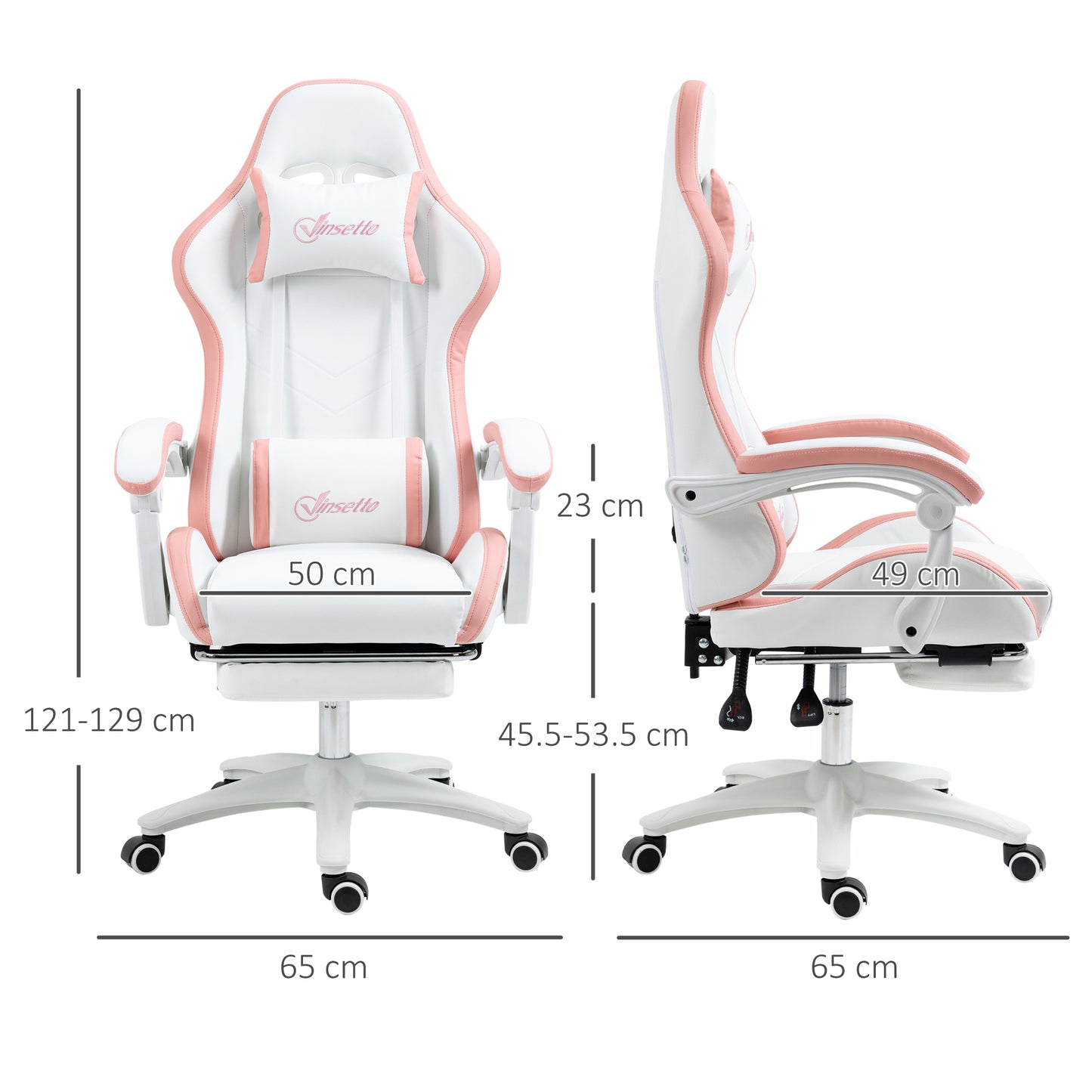 Vinsetto Computer Gaming Chair, PU Leather Office Desk Chair with Footrest, Swivel Wheels, 135√Ç¬∞ Reclining Back, Lumbar Support, Headrest for Home, White and Pink