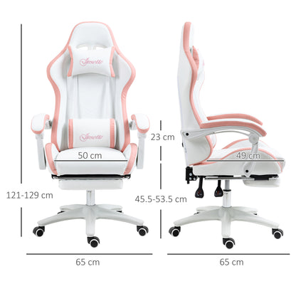 Vinsetto Computer Gaming Chair, PU Leather Office Desk Chair with Footrest, Swivel Wheels, 135√Ç¬∞ Reclining Back, Lumbar Support, Headrest for Home, White and Pink