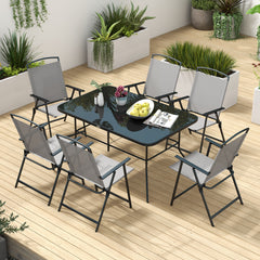 Outsunny Seven-Piece Garden Dining Set, with Glass-Top Table and Folding Chairs - Grey