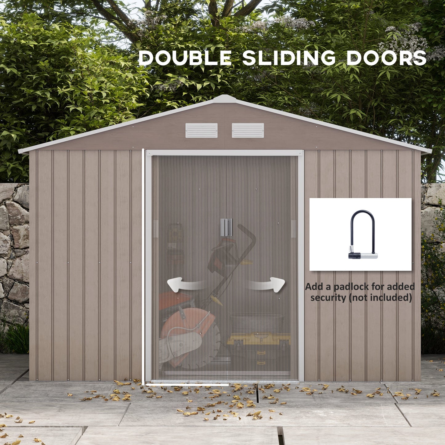 Outsunny 9 x 6ft Steel Garden Shed, Outdoor Storage Tool House with Vents, Foundation and Lockable Double Doors, Brown