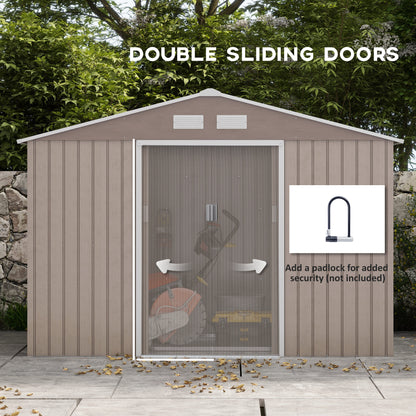 Outsunny 9 x 6ft Steel Garden Shed, Outdoor Storage Tool House with Vents, Foundation and Lockable Double Doors, Brown