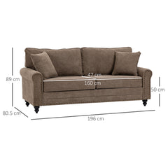 HOMCOM 3 Seater Sofas for Living Room, Fabric Sofa with Nailhead Trim, Cushions and Pillows, Brown