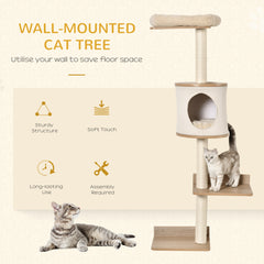 PawHut Wall-Mounted Cat Tree, with Cat House, Bed, Scratching Post - Beige