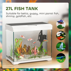 PawHut 27L Glass Fish Tank with Filter System, LED Light, Water Pump, for Betta, Goldfish, Shrimps, White