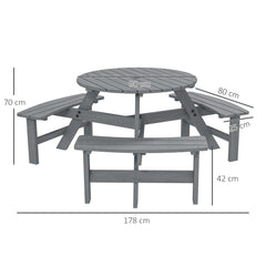 Outsunny 6 Seater Wooden Picnic Table and Bench Set Round Patio Dining Set with 3 Benches and Umbrella Hole Outdoor Garden Park, Grey