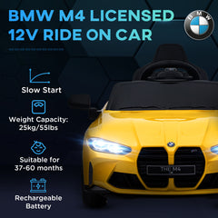 AIYAPLAY 12V BMW M4 Licensed Kids Car with Easy Transport, Remote Control, Suspension, Music, Horn, LED Lights, Yellow