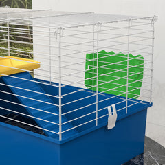 PawHut Chinchillas Small Rabbit Guinea Pig Small Animal Cage, Pet Playhouse, with Platform, Ramp, 71 x 46 x 47cm, Blue