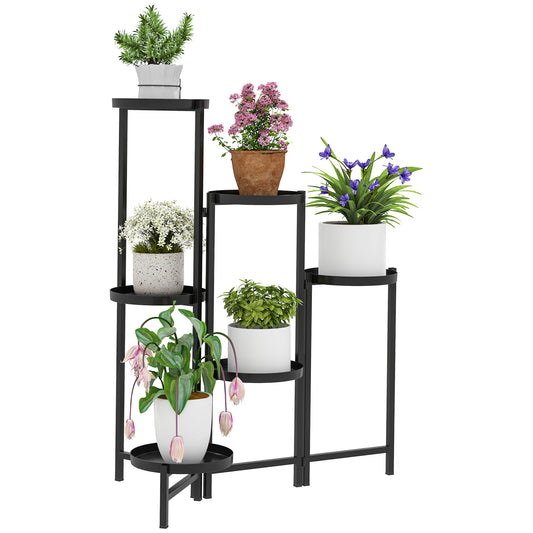 Outsunny 3 Tier Plant Stand Indoor Outdoor, Foldable Corner Plant Stands for Multiple Plants, Metal Round Flower Pot Holder for Patio Garden Balcony Living Room, Black