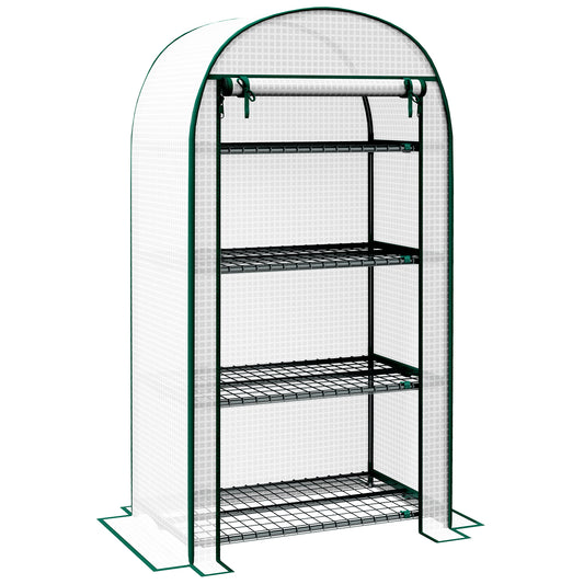 Outsunny 4 Tier Mini Greenhouse for Outdoor, Portable Gardening Plant Green House with Storage Shelf, Roll-Up Zipped Door, Metal Frame and PE Cover, 80 x 49 x 160cm, White