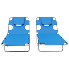 Outsunny Foldable Sun Lounger Set of 2 with Reading Hole, Portable Sun Lounger with 5 Level Adjustable Backrest, Reclining Lounge Chair with Side Pocket, Headrest Pillow, Blue