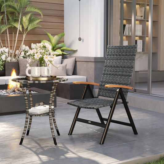 Outsunny Outdoor Folding Rattan Chair with Armrests, High Backrest, for Garden, Camping, Balcony, Porch - Mixed-grey
