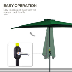 Outsunny 3(m) Half Parasol, Semi Round Umbrella with Metal Frame, Crank Handle for Balcony, Garden, Green