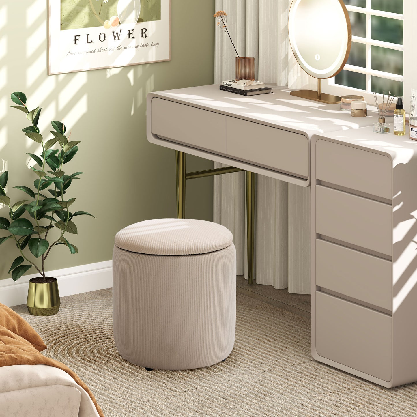 HOMCOM Set of 2 Round Ottoman with Storage, Fabric Vanity Stool for Makeup, Footrest Stool with Removable Lid for Living Room & Bedroom, Cream White