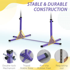 قضيب جمباز أفقي قابل للتعديل بإطار فولاذي من HOMCOM للأطفال للتدريب في صالة الألعاب الرياضية المنزلية باللون الأرجواني