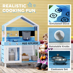 AIYAPLAY Kids Mud Kitchen Outdoor with Stoves, Sink, Faucet, Storage Shelves, Cookware Accessories for Boys Girls, Blue