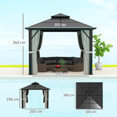 Outsunny 3 x 3(m) Hardtop Gazebo Canopy with UPF30+ Double Polycarbonate Roof, Aluminium Frame Garden Gazebo Permanent Pavilion with Mosquito Netting and Curtains for Patio, Deck, Grey