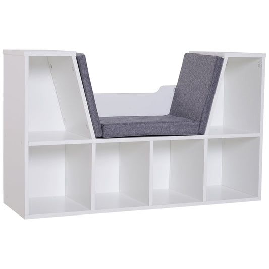 HOMCOM Bookcase Storage Shelf with Cushioned Reading Seat, Cube Bookshelf Organizer for Bedroom Living Room, White