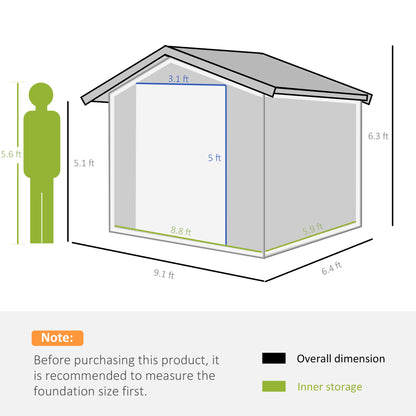 Outsunny 9 x 6ft Metal Bicycle Shed, Outdoor Storage Tool House with Ventilation Slots, Foundation Kit and Lockable Double Doors, Dark Grey