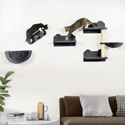 PawHut 4PCs Wall-Mounted Cat Shelves w/ Scratching Post, Hammock, Nest - Dark Grey