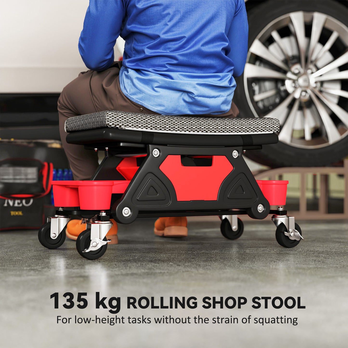 HOMCOM Rolling Mechanic Stool, 135kg Capacity Workshop Stool, 360√Ç¬∞ Swivel Roller Padded Creeper Seat with Wheels, Slide Out Tool Trays and Drawer for Garage, Shop, Auto Repair, Black