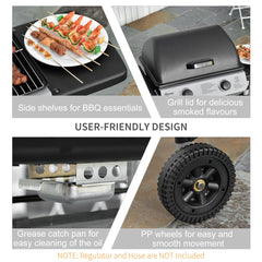 Outsunny 2 Burner Gas BBQ Trolley with Lid, 5.6 kW Gas Barbecue Grill with Wheels, Side Shelves, Black