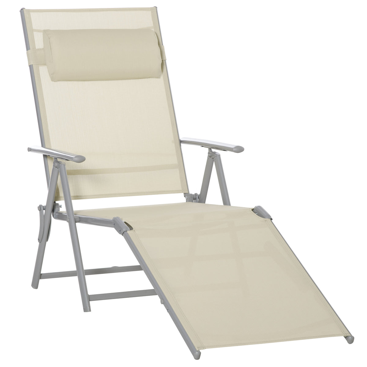 Outsunny Steel Fabric Sun Lounger Outdoor Folding Chaise Lounge Chair Recliner with Portable Design & 7 Adjustable Backrest Positions - Beige