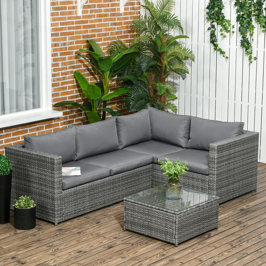 Outsunny 3 Pieces PE Rattan Garden Furniture Set with 10 cm Thick Cushions, 4 Seater Garden Corner Sofa Set with Glass Top Coffee Table, Outdoor Furniture for Patio, Porch, Grey