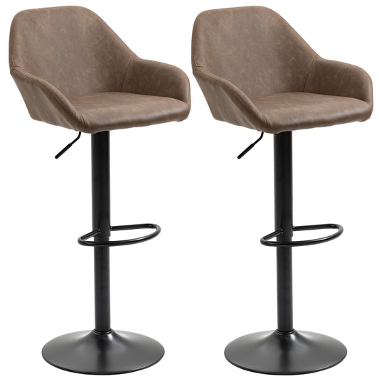 HOMCOM Bar Stools Set of 2, Height Adjustable Swivel Barstools, PU Leather Kitchen Stools with Backs, Armrests and Footrest for Home, Counter and Dining Room, Dark Brown