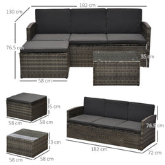 Outsunny 3 Pieces Outdoor PE Rattan Corner Sofa Set with Thick Cushions, Patio Rattan Garden Furniture with Glass Top Coffee Table and Footstool, Grey