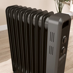 HOMCOM 2000W Oil Filled Radiator, 9 Fin, Portable Electric Heater with 3 Heat Settings, Safety Cut-Off and Wheels, Grey